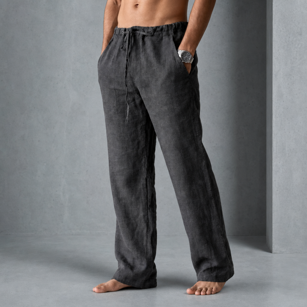 Guimaraes Linen Drawstring Trousers in Dark Gray