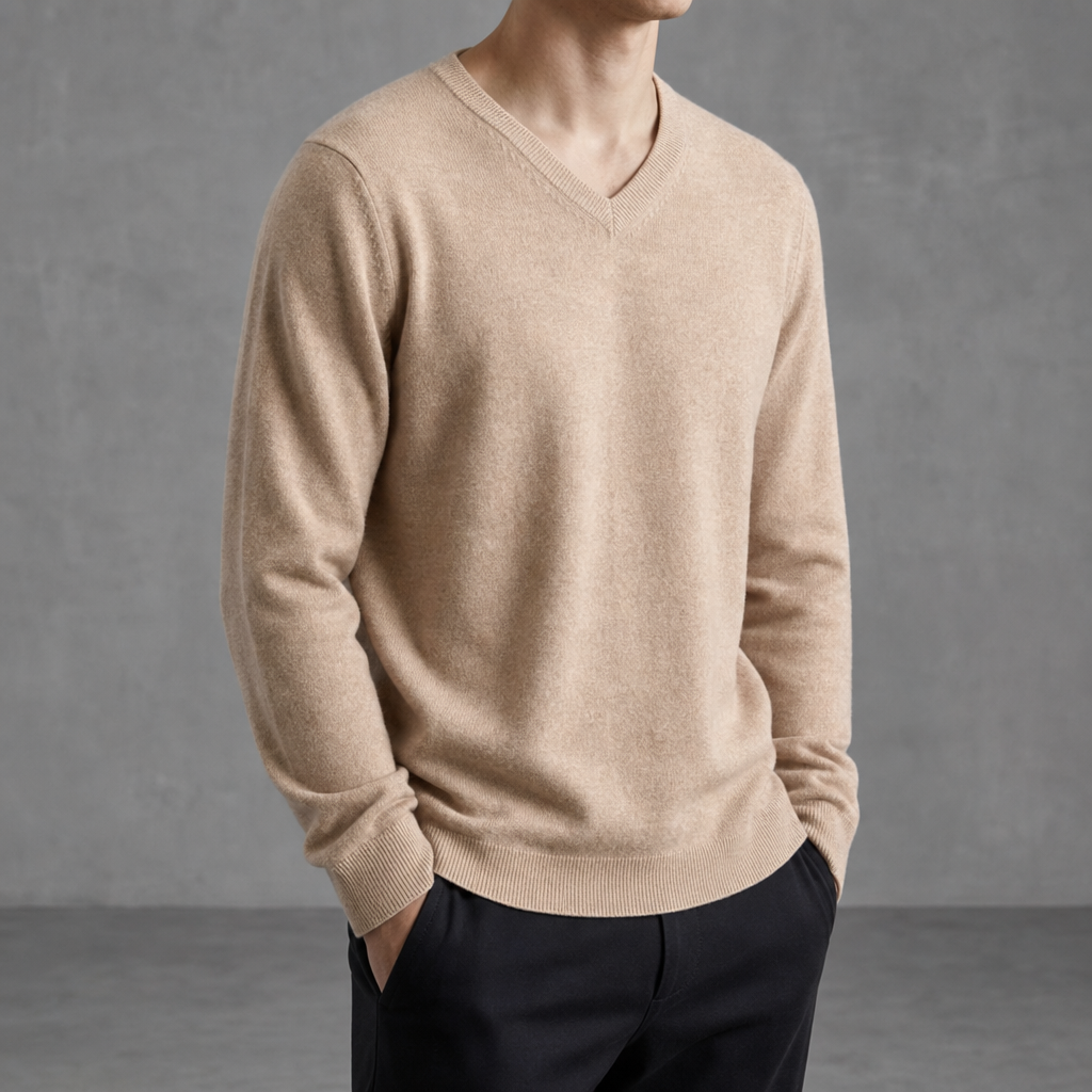 Hondarribia Relaxed Cashmere V-Neck Sweater in Beige