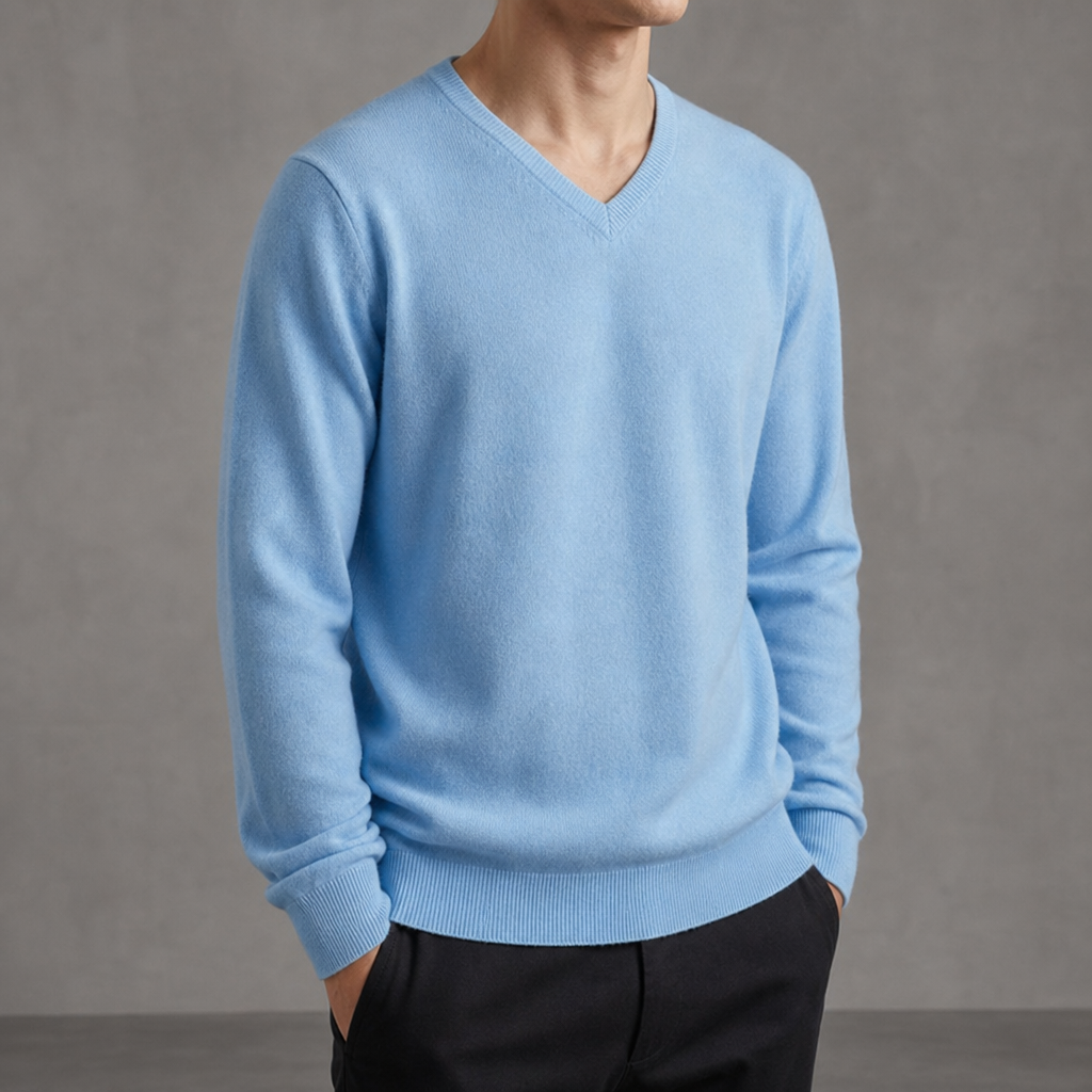Hondarribia Relaxed Cashmere V-Neck Sweater in Sky Blue