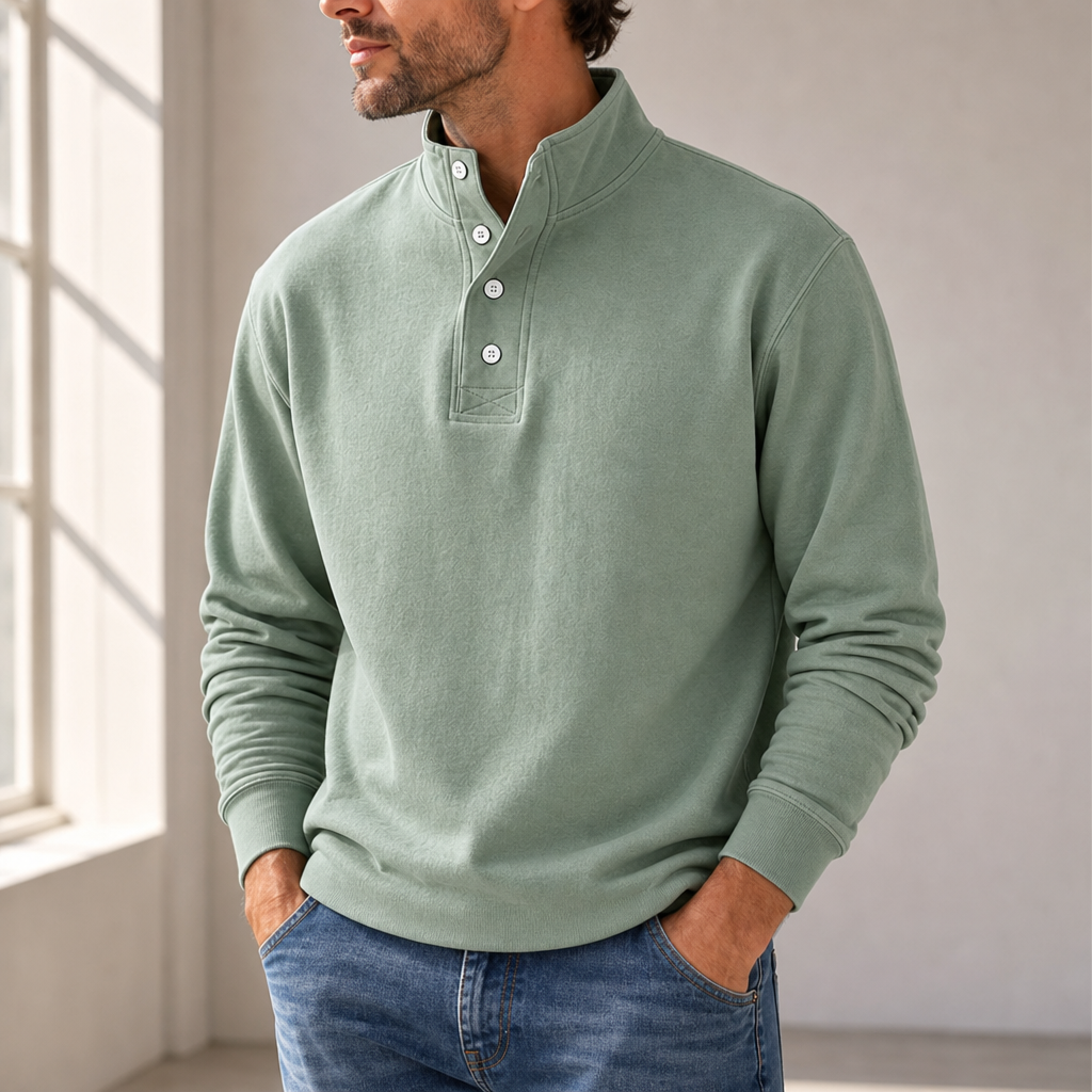 Hydra Stand Collar Henley Sweatshirt in Green