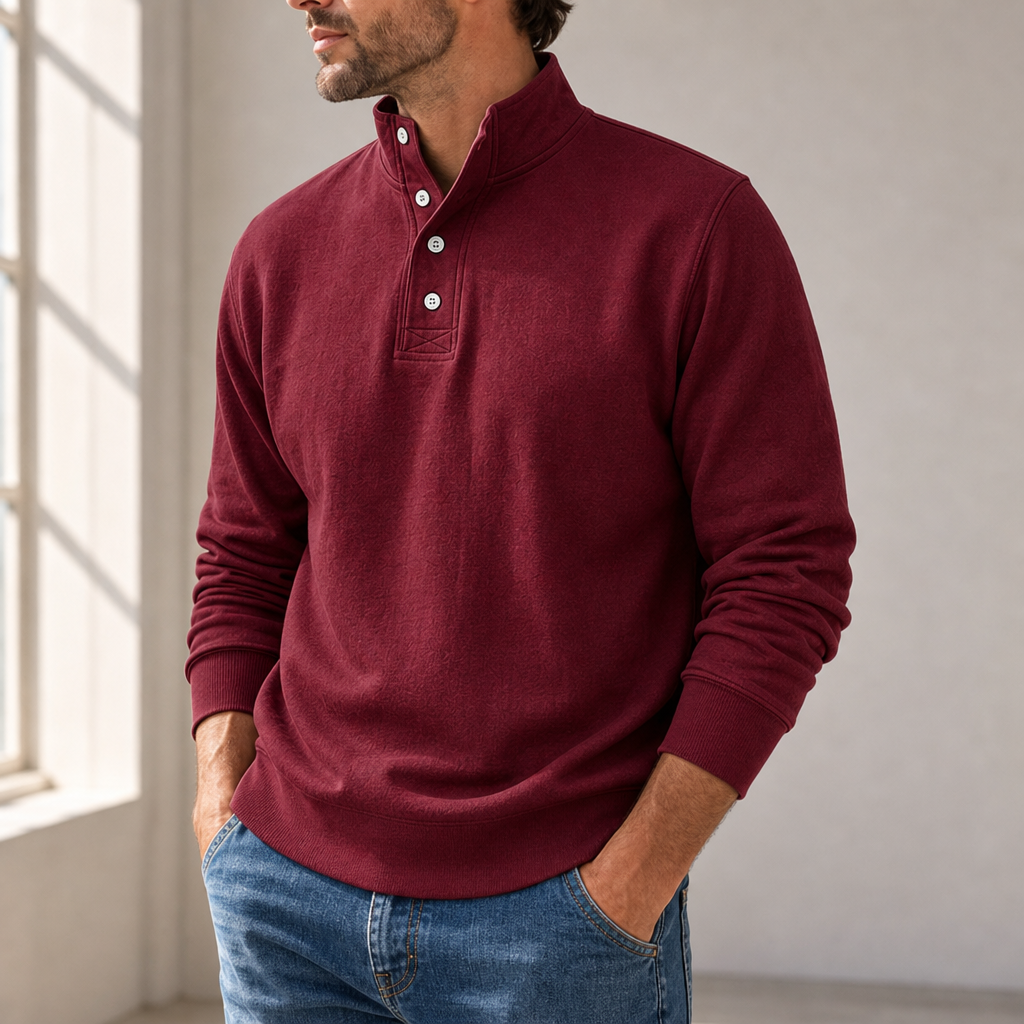 Hydra Stand Collar Henley Sweatshirt in Red
