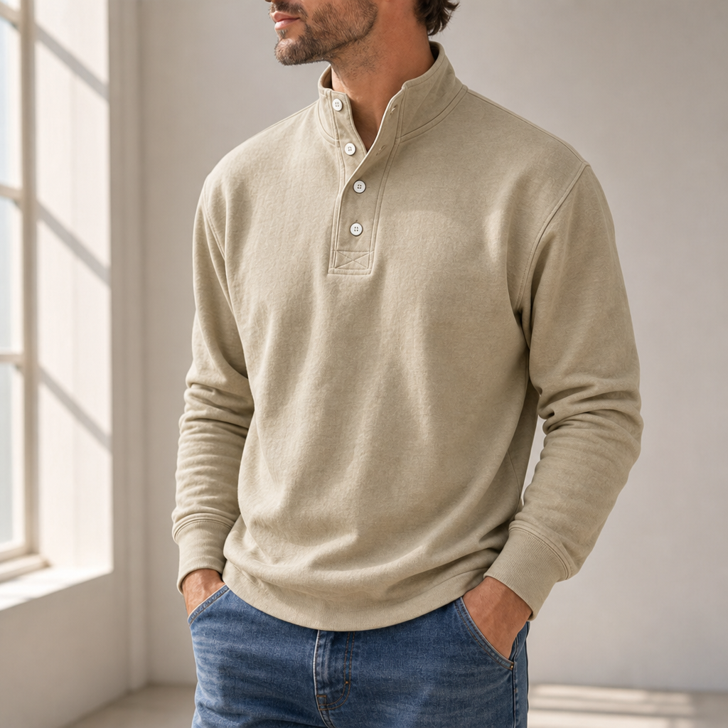 Hydra Stand Collar Henley Sweatshirt in Khaki