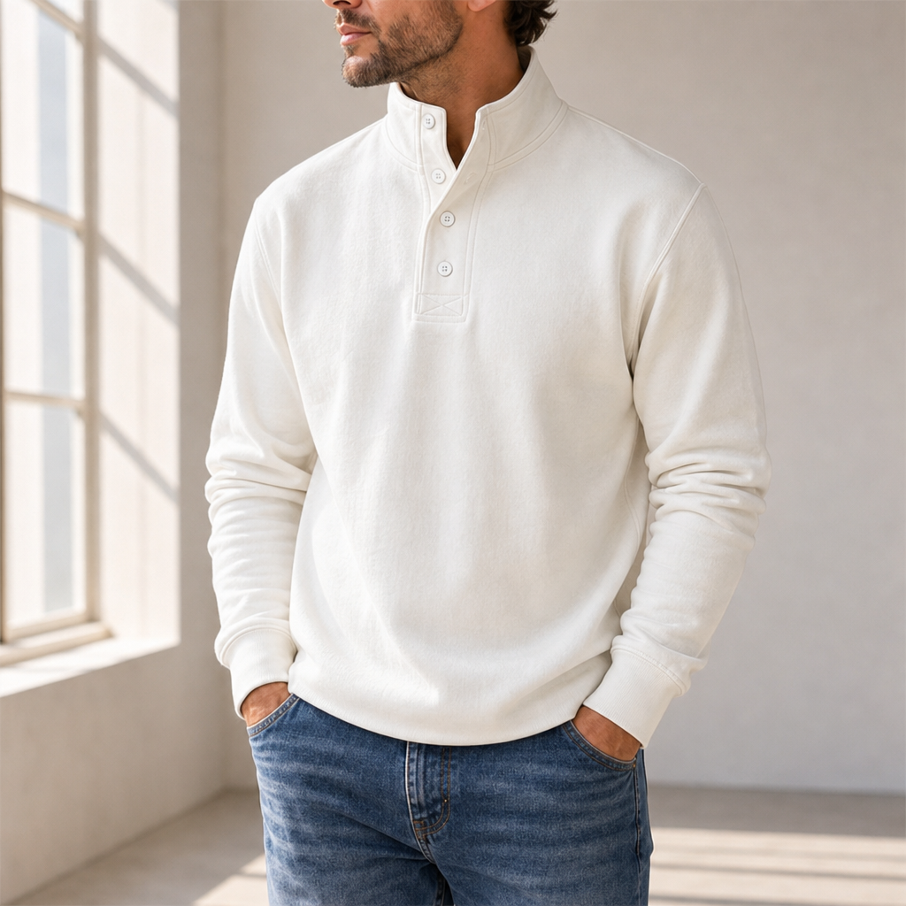 Hydra Stand Collar Henley Sweatshirt in White