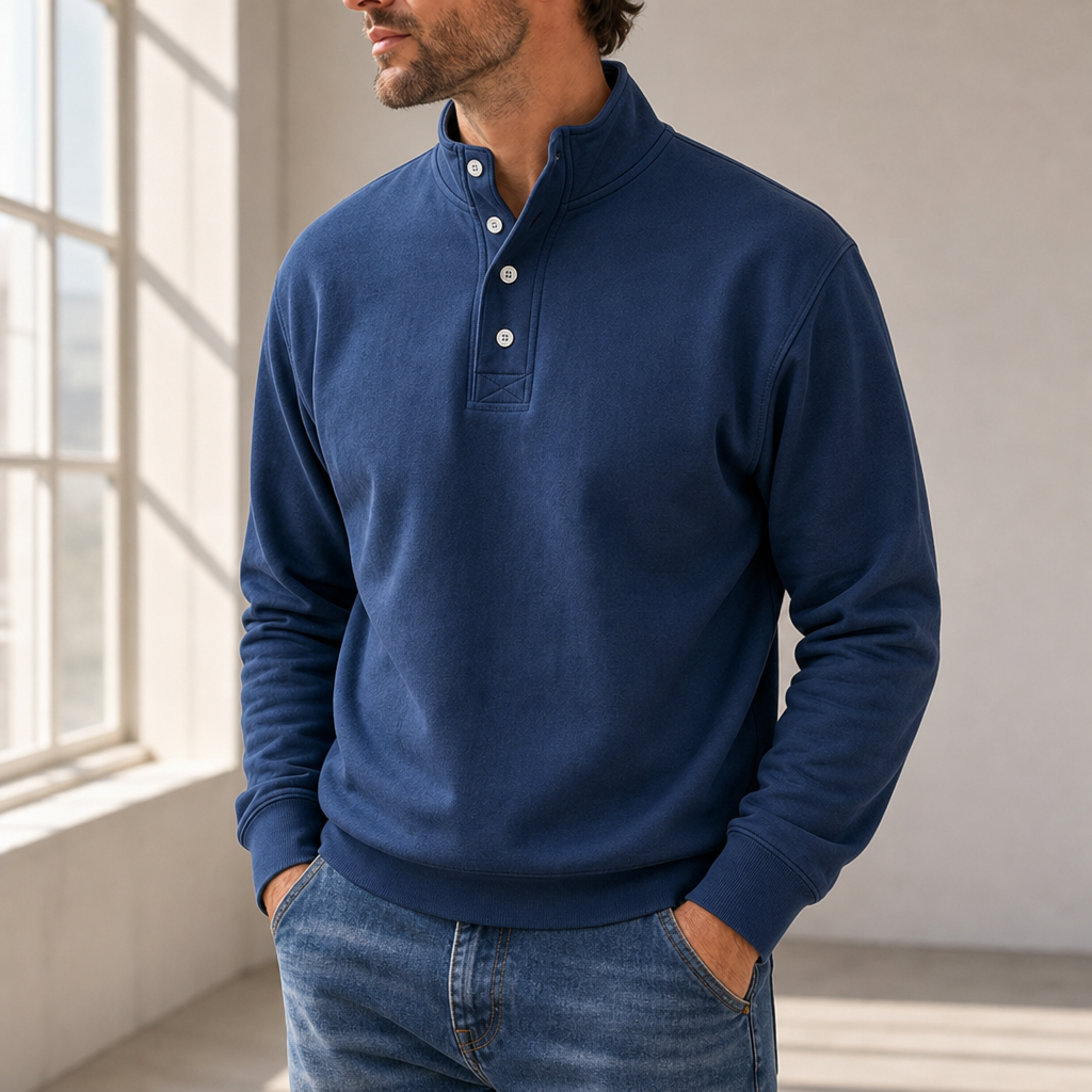 Hydra Stand Collar Henley Sweatshirt in Navy