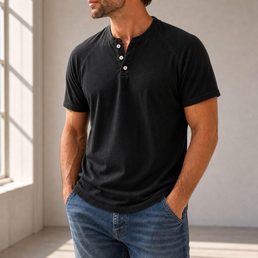 Hydra Washed Henley T-Shirt in Black