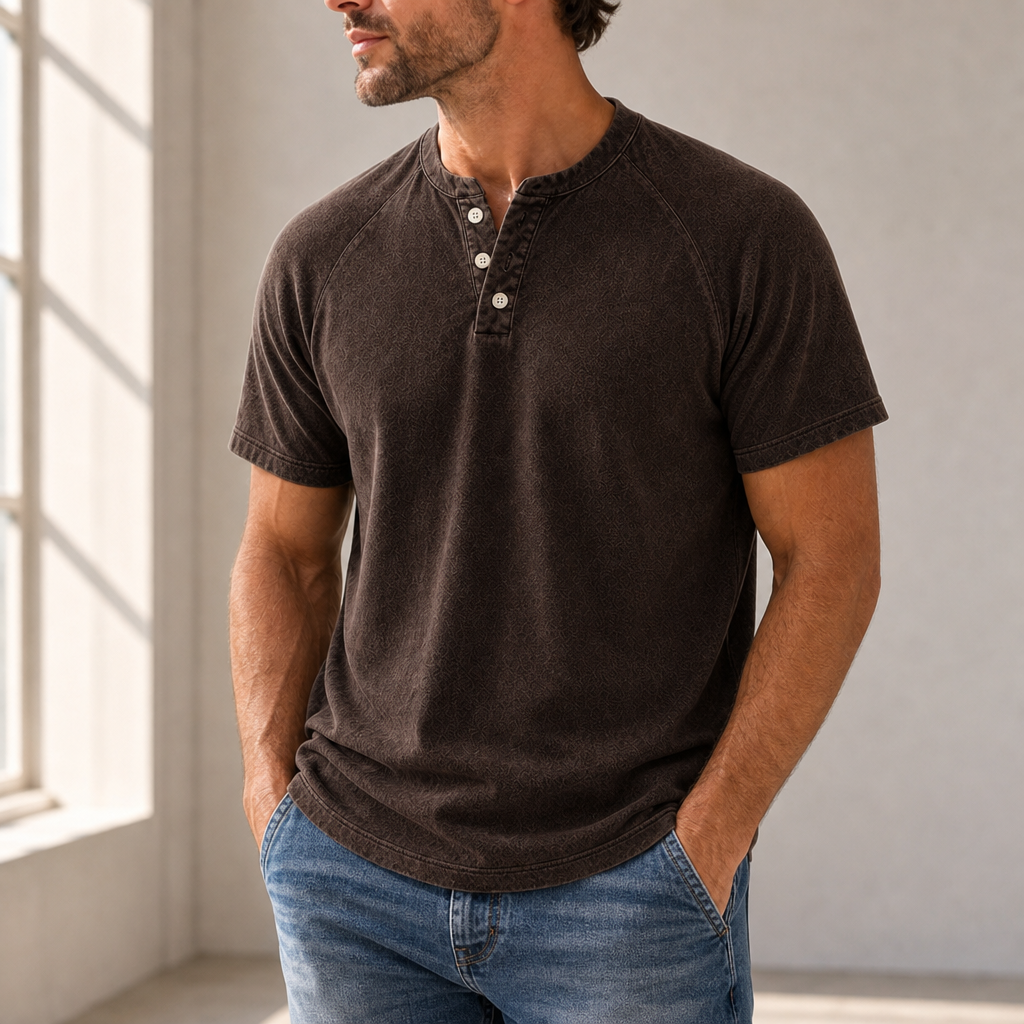 Hydra Washed Henley T-Shirt in Dark Brown