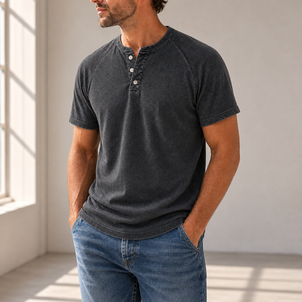 Hydra Washed Henley T-Shirt in Charcoal Gray