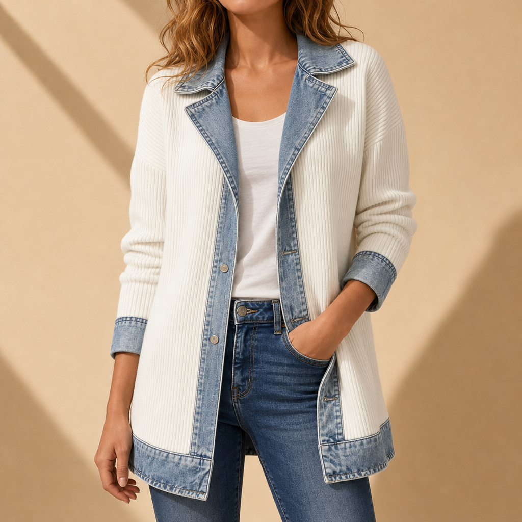 Jerez Denim Trim Cardigan Jacket in White