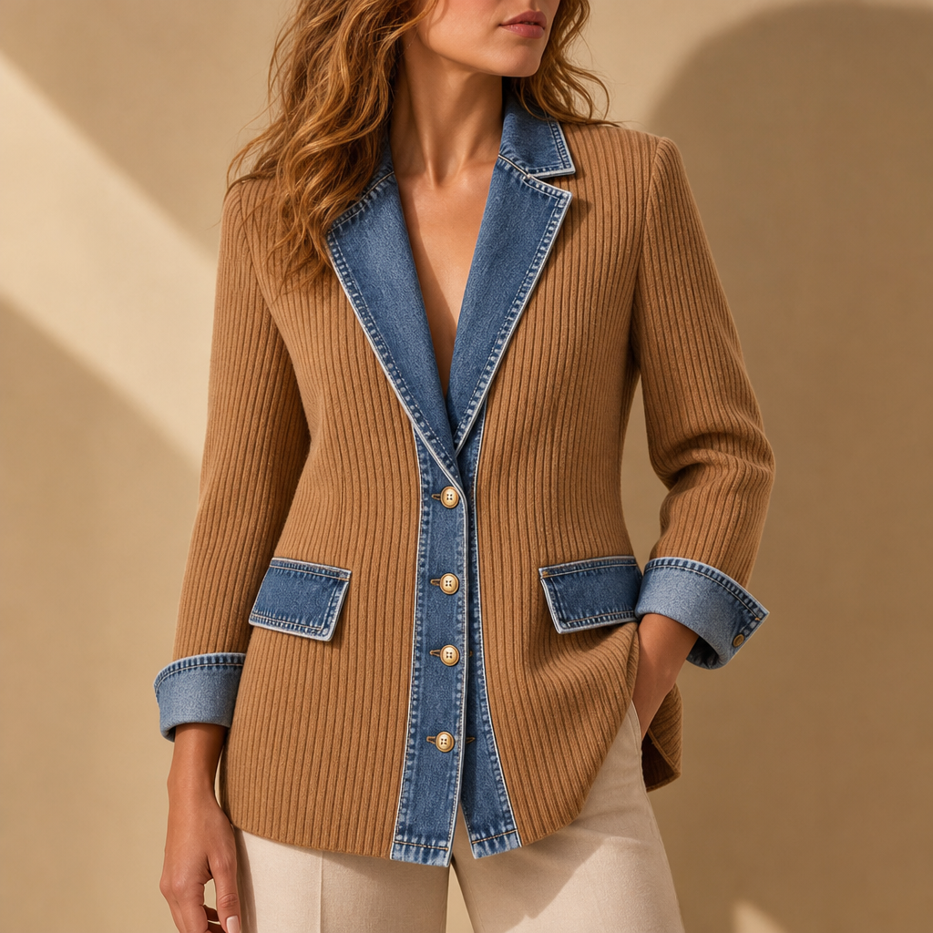 Jerez Denim Trim Cardigan Jacket in Khaki