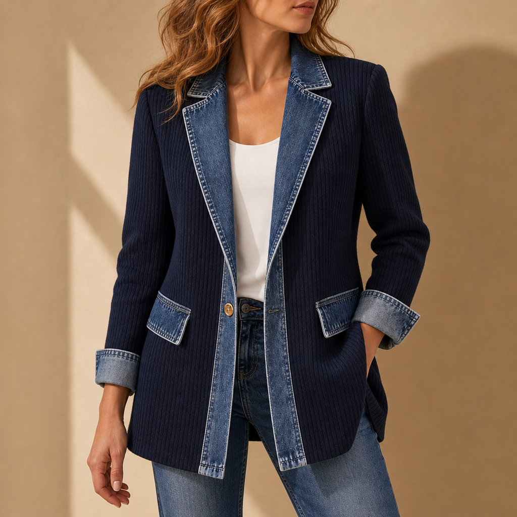 Jerez Denim Trim Cardigan Jacket in Navy Blue