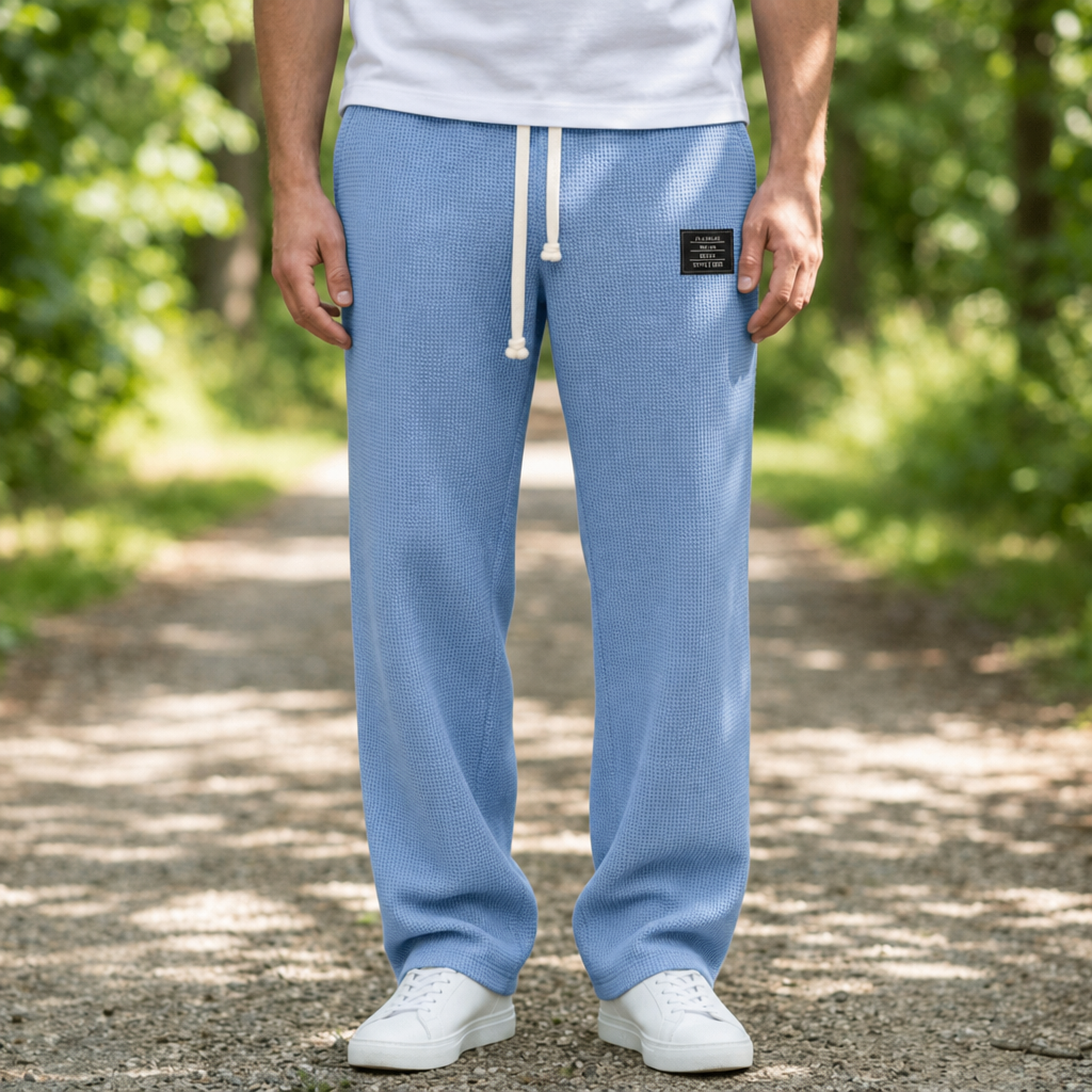 Kea Waffle Knit Drawstring Pants in Sky Blue