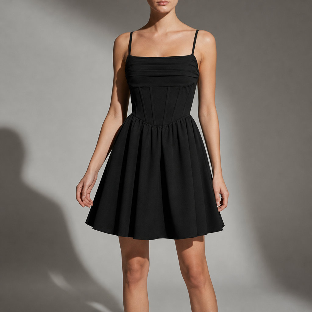 Kos Corset Pleated Mini Dress in Black