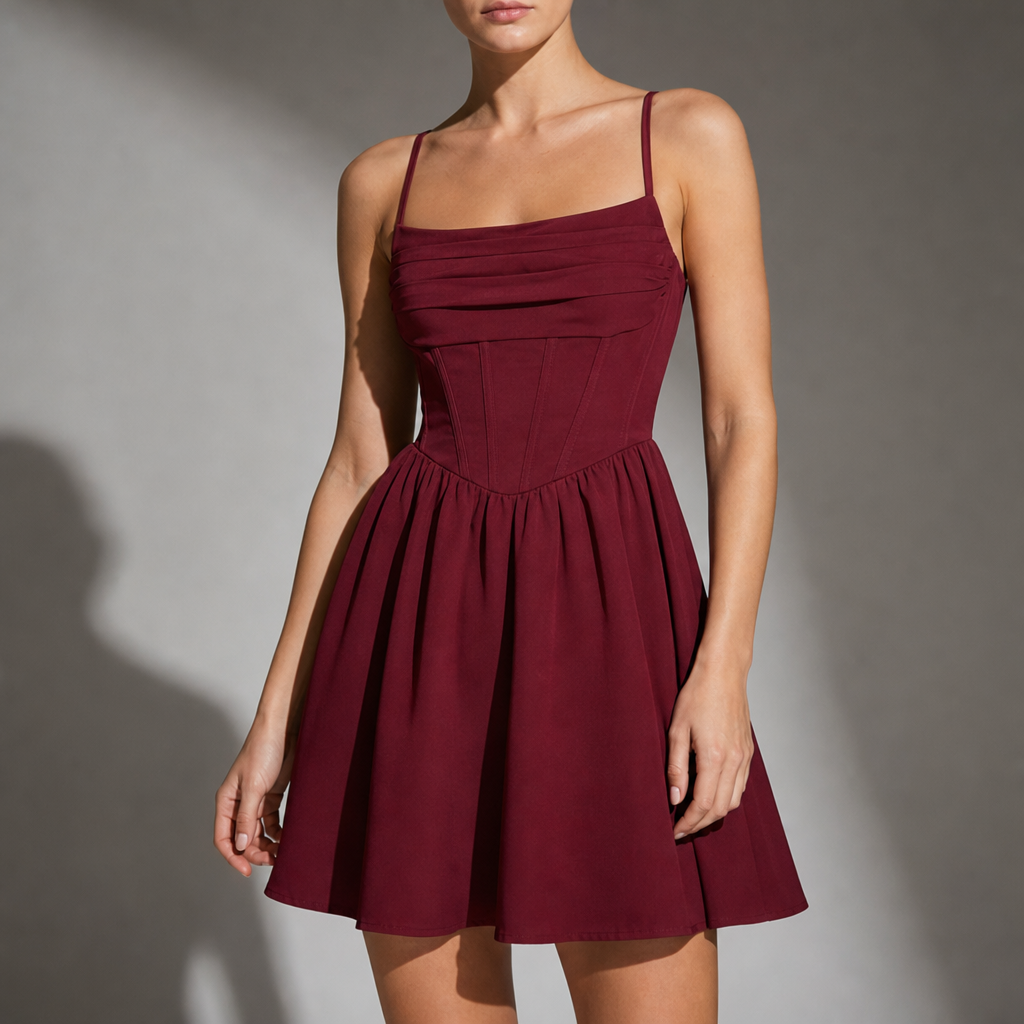 Kos Corset Pleated Mini Dress in Wine Red