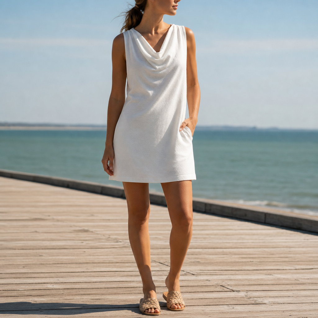Kyrenia Cowl Neck Pocket Mini Dress in White