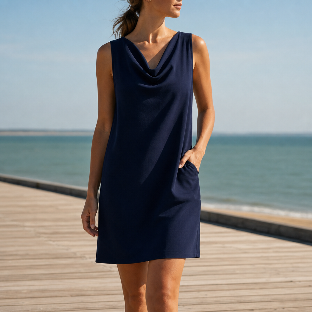 Kyrenia Cowl Neck Pocket Mini Dress in Navy Blue