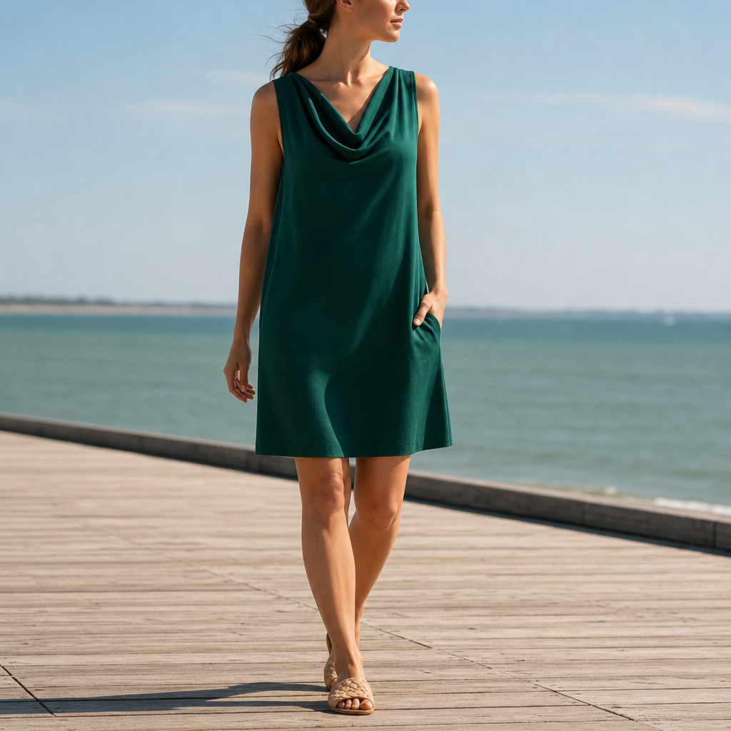 Kyrenia Cowl Neck Pocket Mini Dress in Green