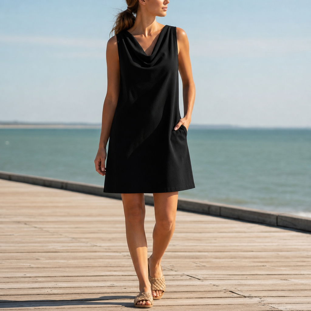 Kyrenia Cowl Neck Pocket Mini Dress in Black