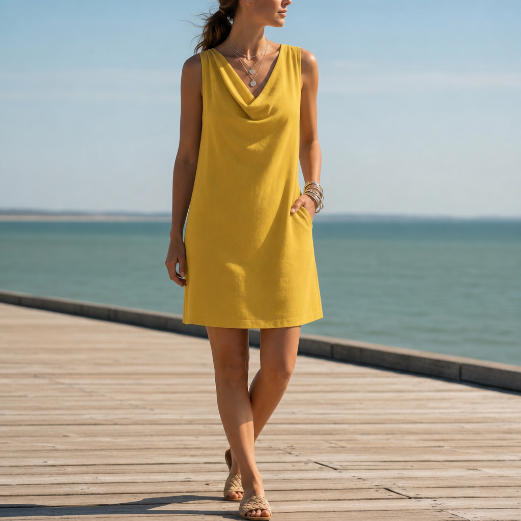 Kyrenia Cowl Neck Pocket Mini Dress in Yellow