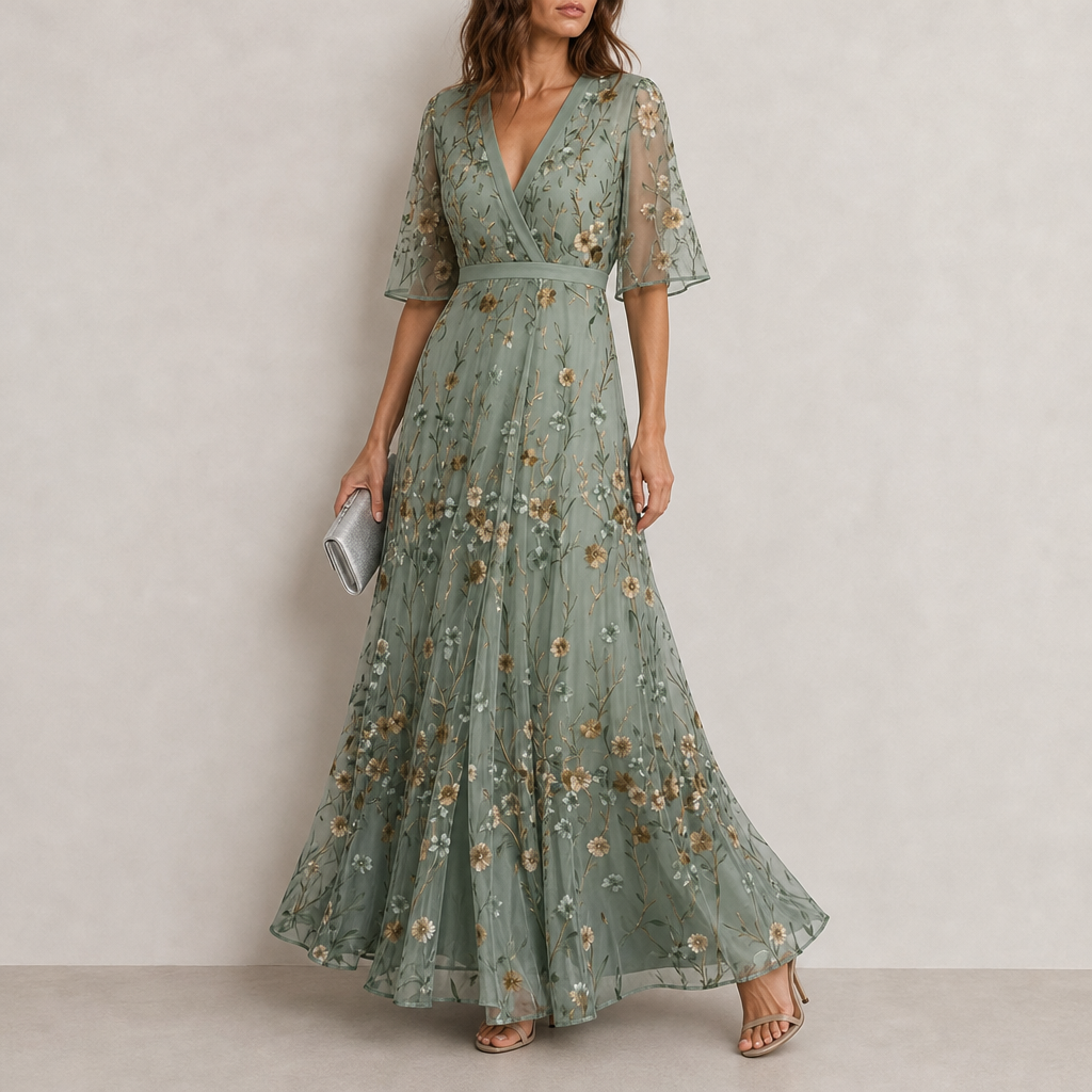 Lesvos Floral Embroidered Maxi Dress in Sage Green