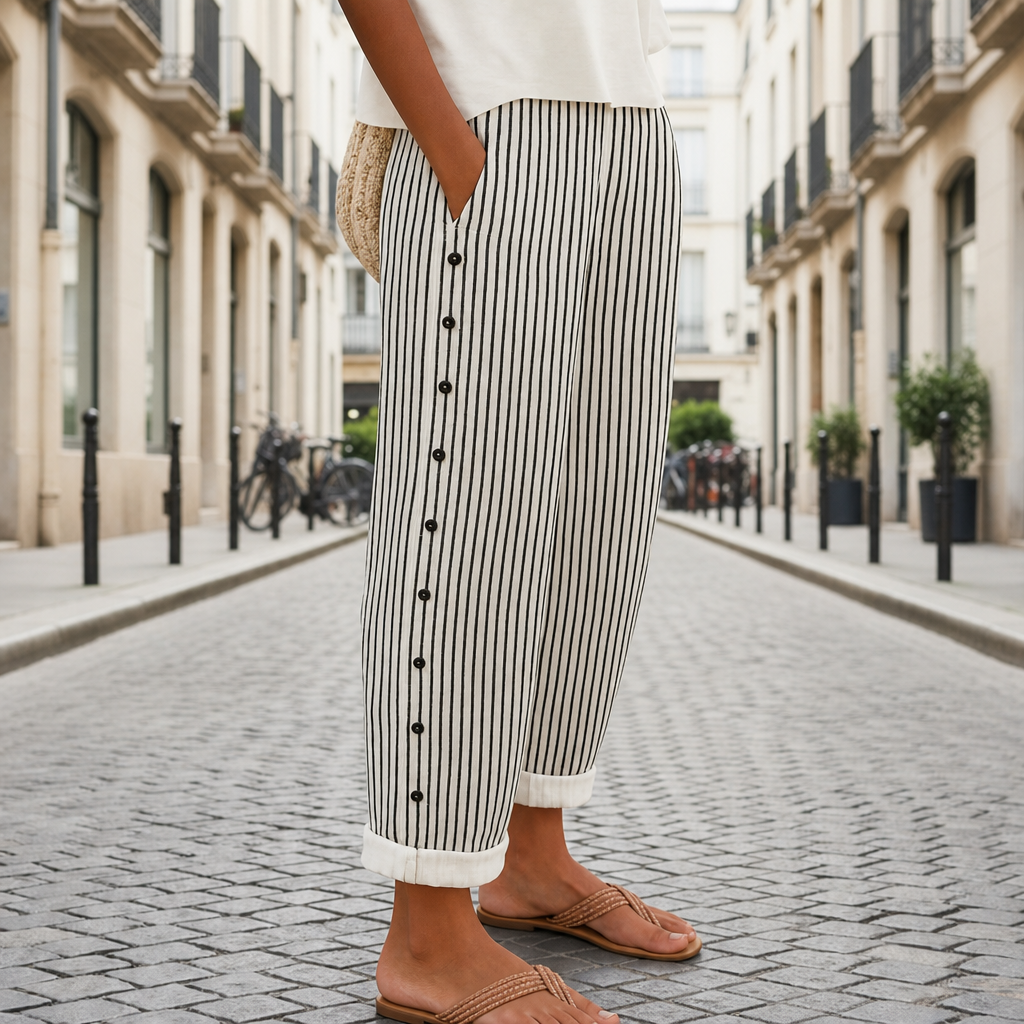 Lourmarin Striped Button Wide-Leg Pants in Black