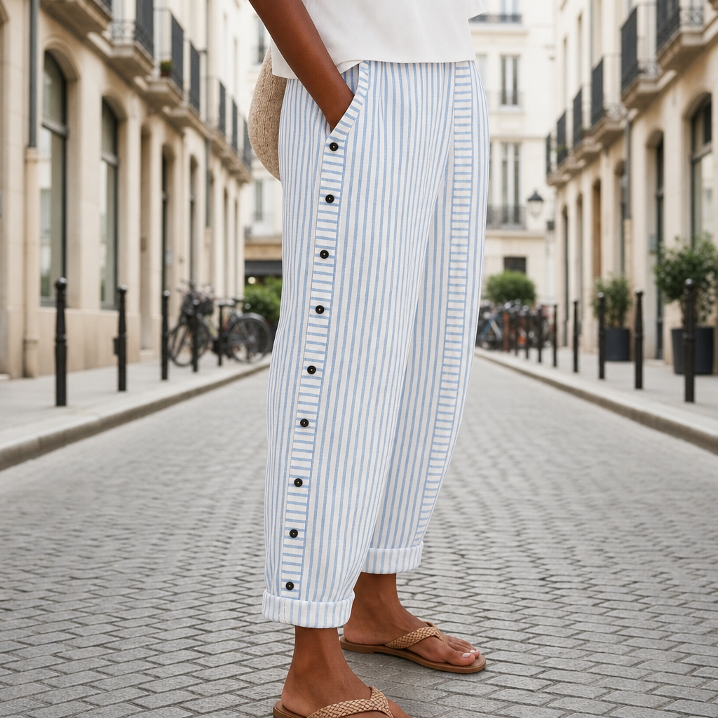 Lourmarin Striped Button Wide-Leg Pants in Blue