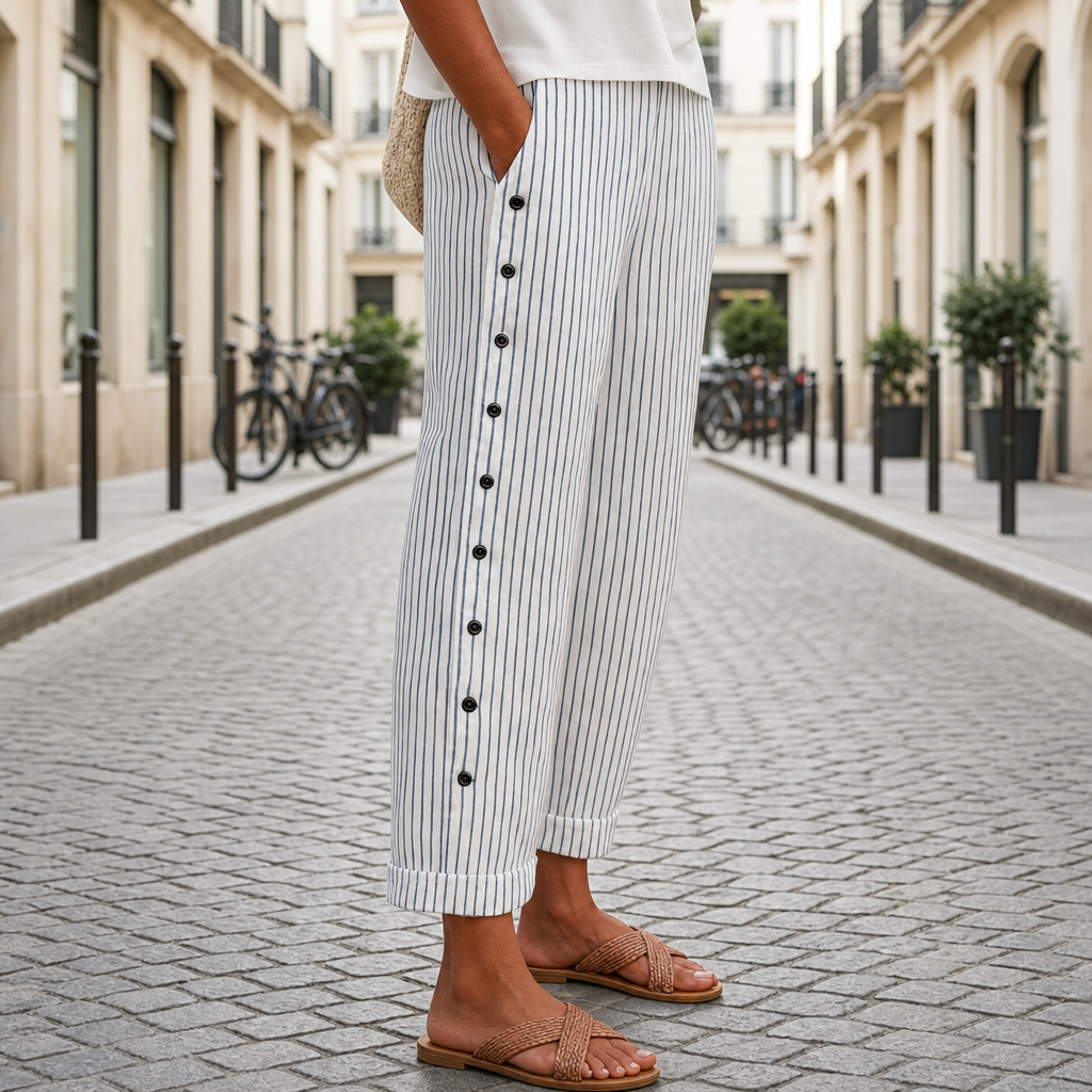Lourmarin Striped Button Wide-Leg Pants in Grey