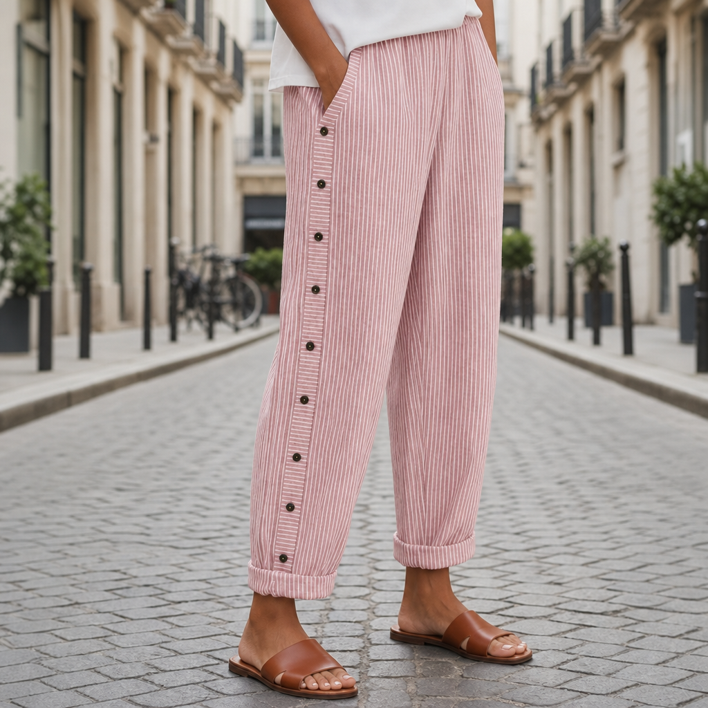 Lourmarin Striped Button Wide-Leg Pants in Pink