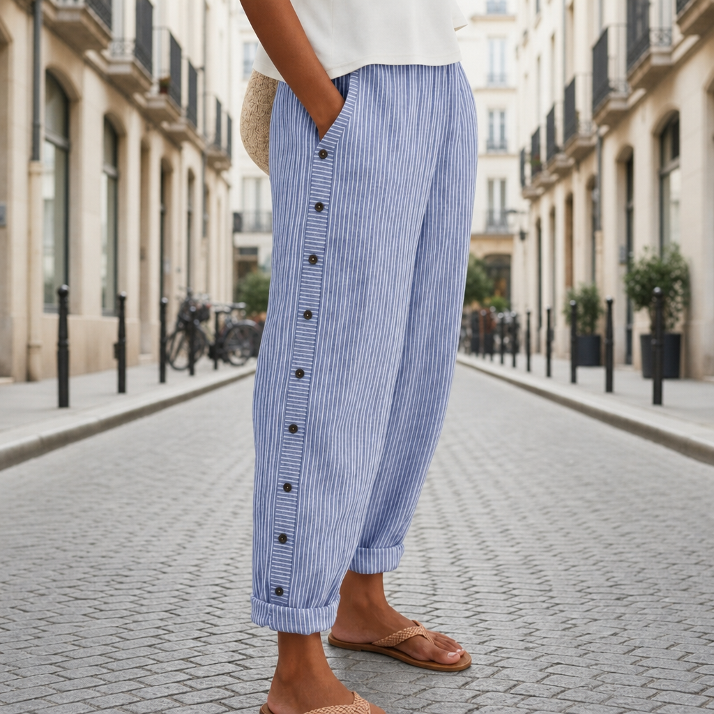 Lourmarin Striped Button Wide-Leg Pants in Dark Blue