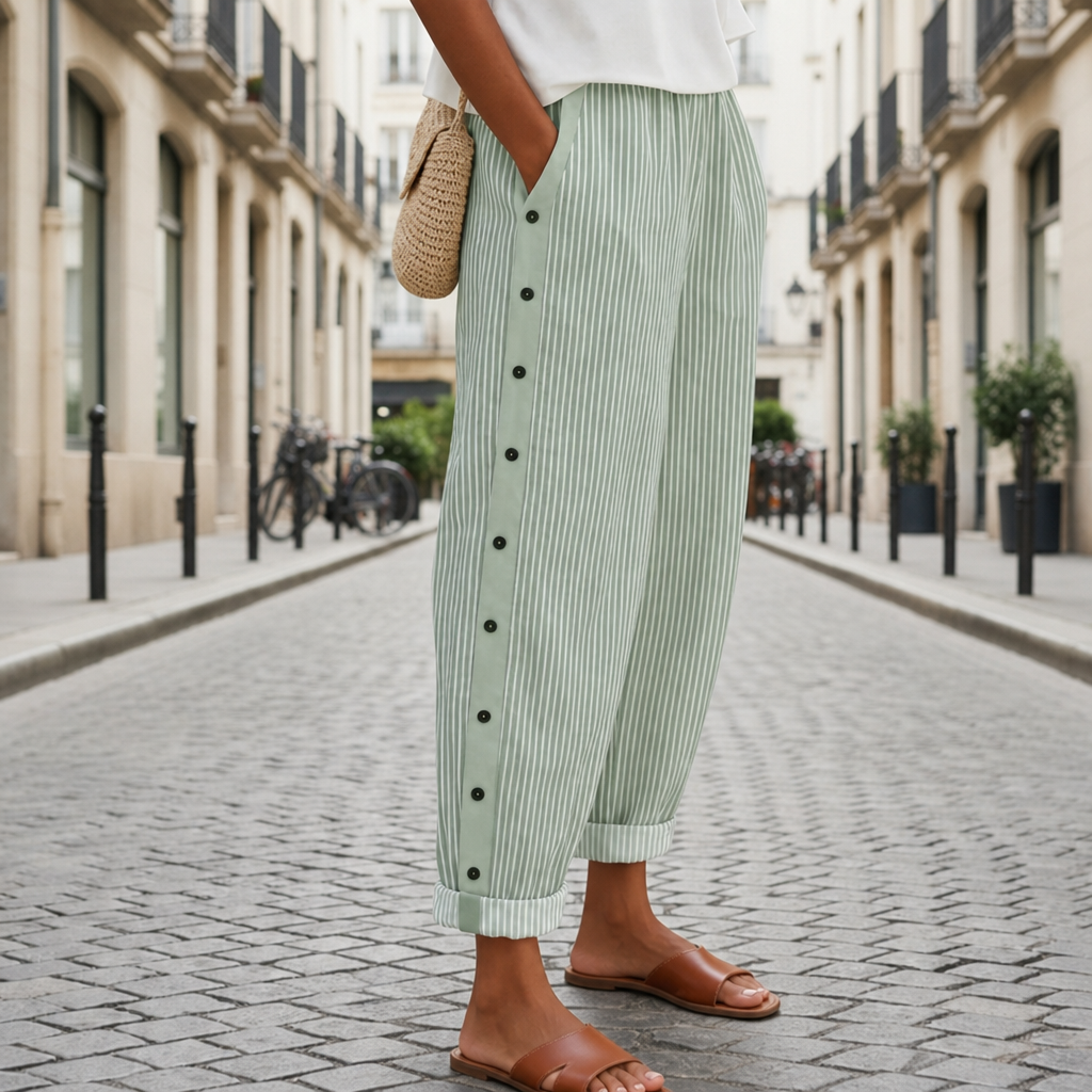 Lourmarin Striped Button Wide-Leg Pants in Green