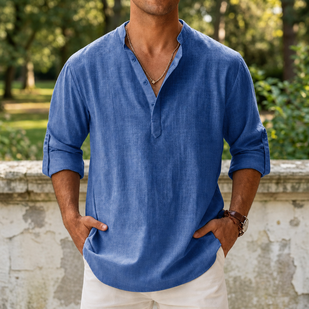 Mantova Linen Henley Shirt in Blue