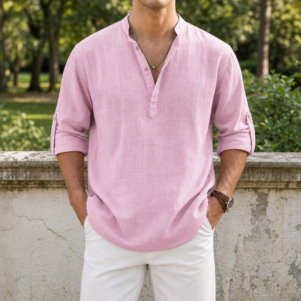 Mantova Linen Henley Shirt in Pink