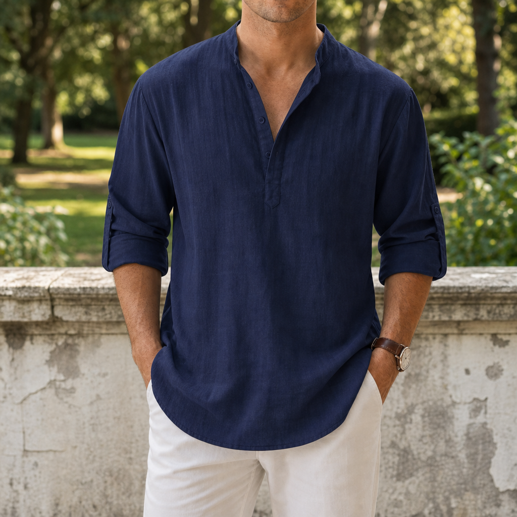 Mantova Linen Henley Shirt in Navy
