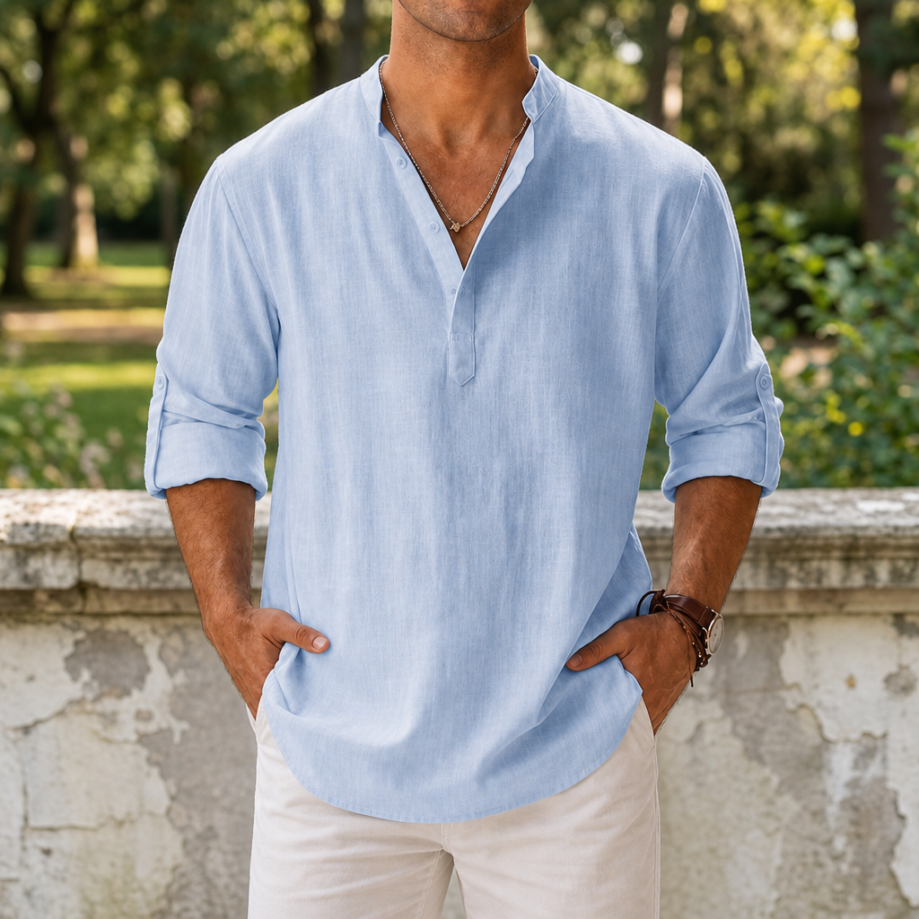 Mantova Linen Henley Shirt in Baby blue