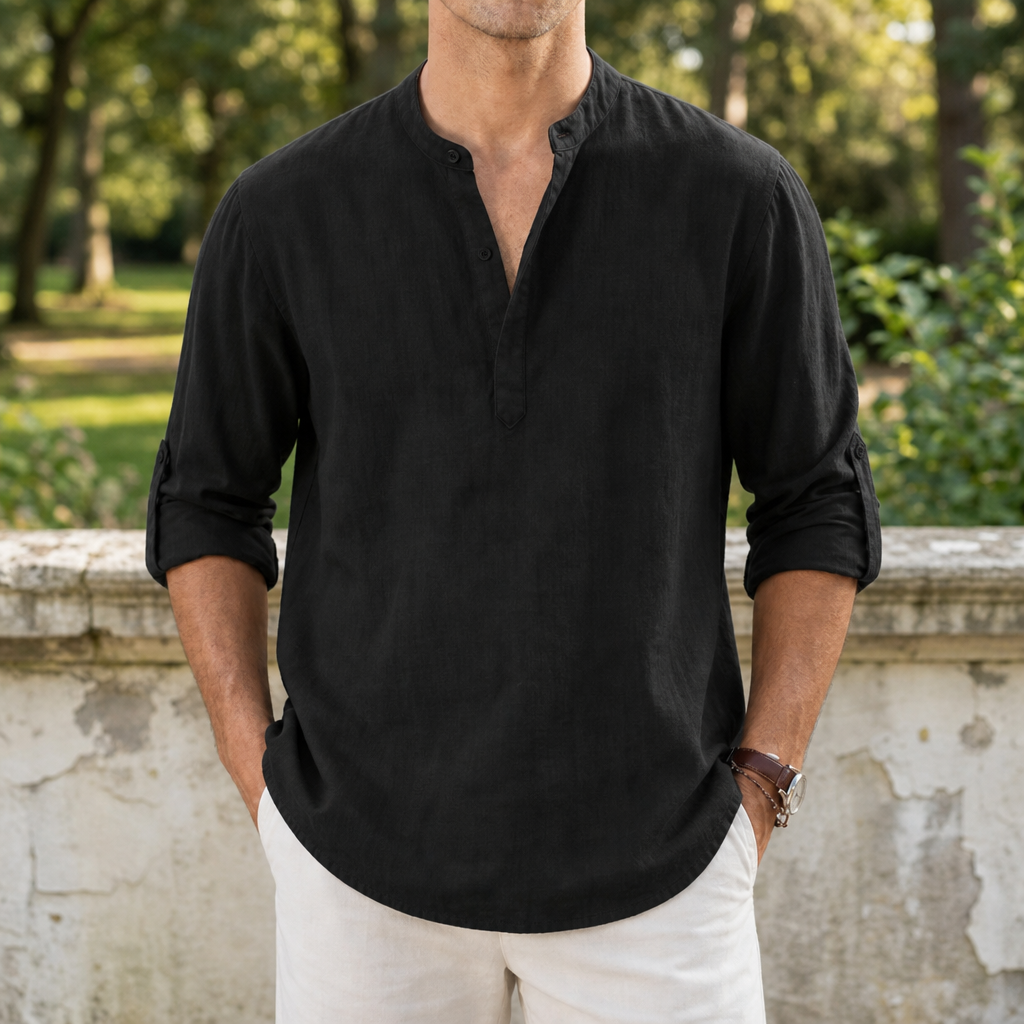 Mantova Linen Henley Shirt in Black