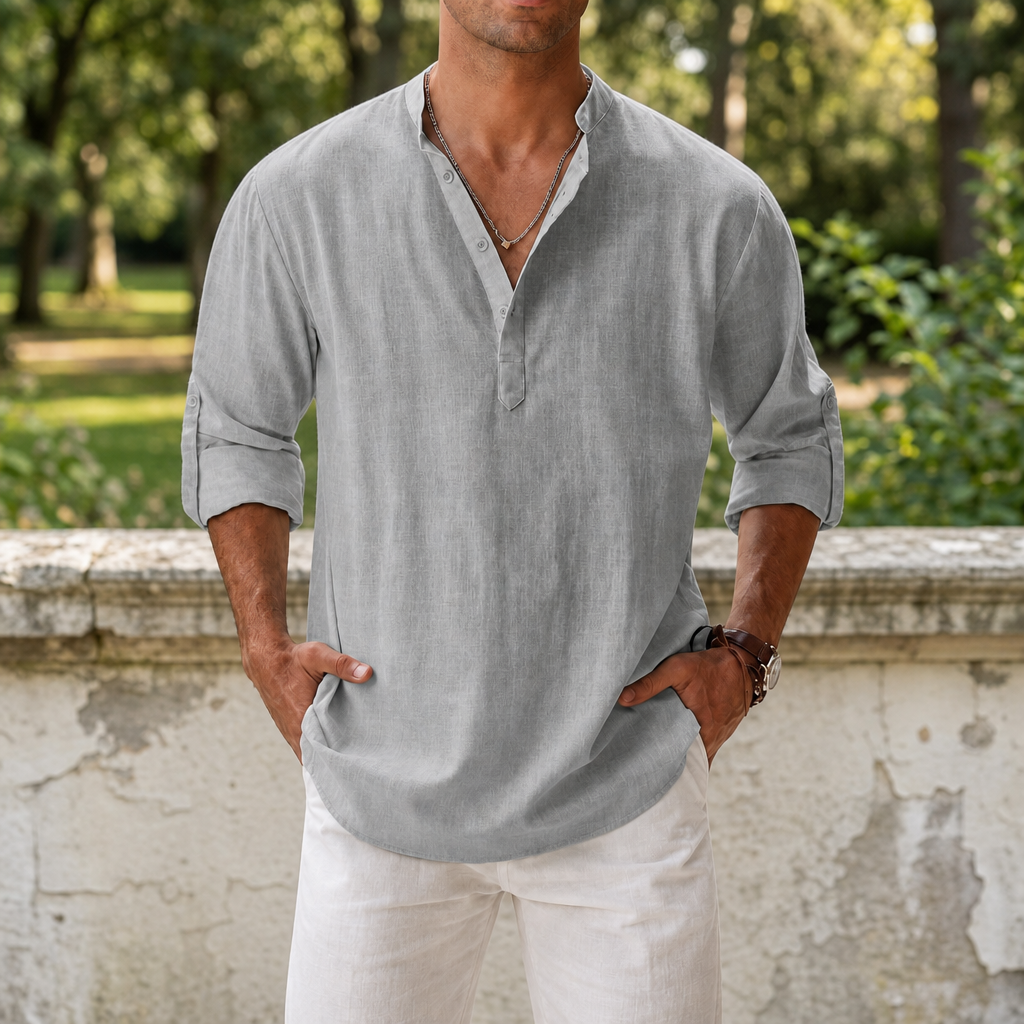 Mantova Linen Henley Shirt in Grey