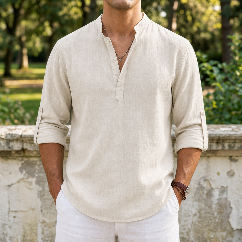 Mantova Linen Henley Shirt in Cream