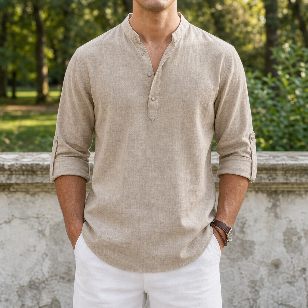 Mantova Linen Henley Shirt in Beige