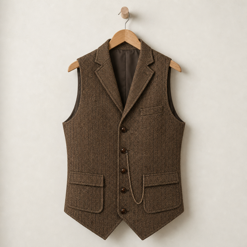 Maratea Herringbone Lapel Waistcoat in Coffee