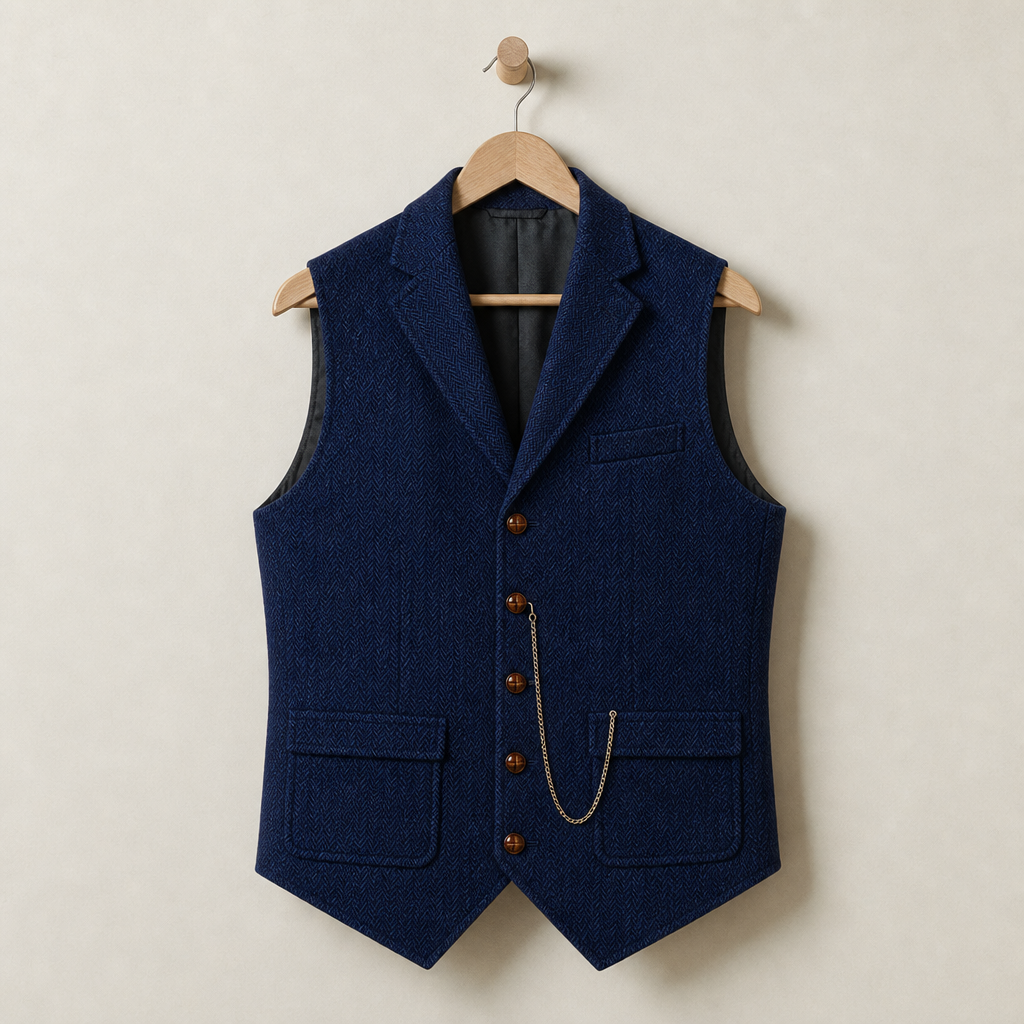 Maratea Herringbone Lapel Waistcoat in Blue