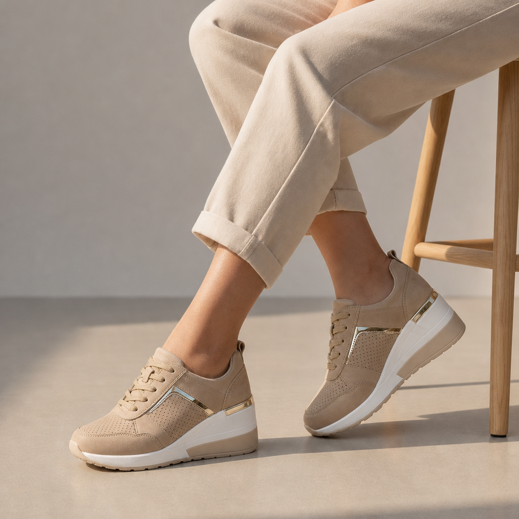 Mdina Orthopedic Gold Detail Wedge Sneakers in Beige