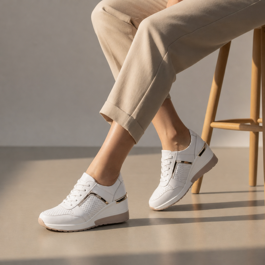 Mdina Orthopedic Gold Detail Wedge Sneakers in White