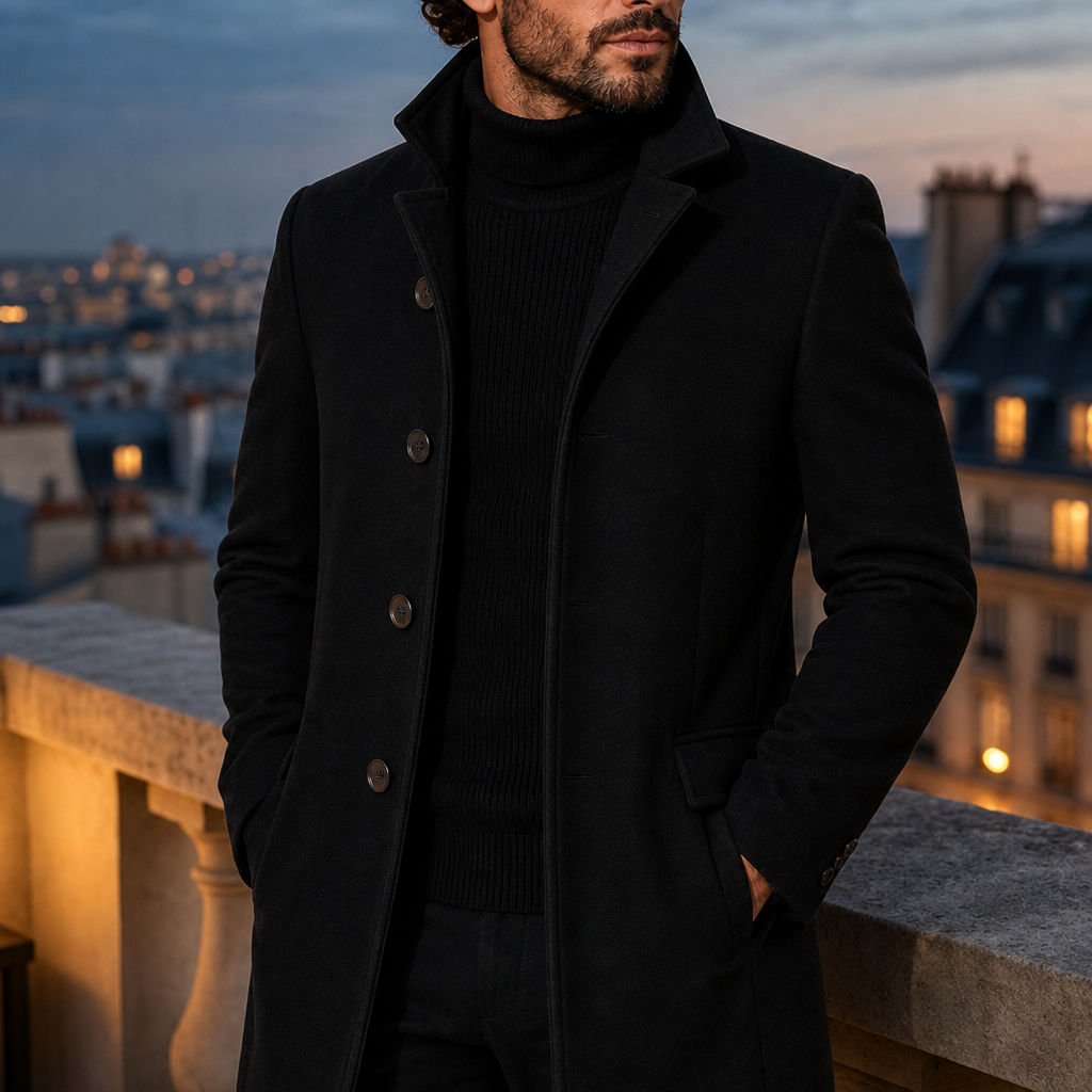 Modica Stand Collar Tailored Coat in Black