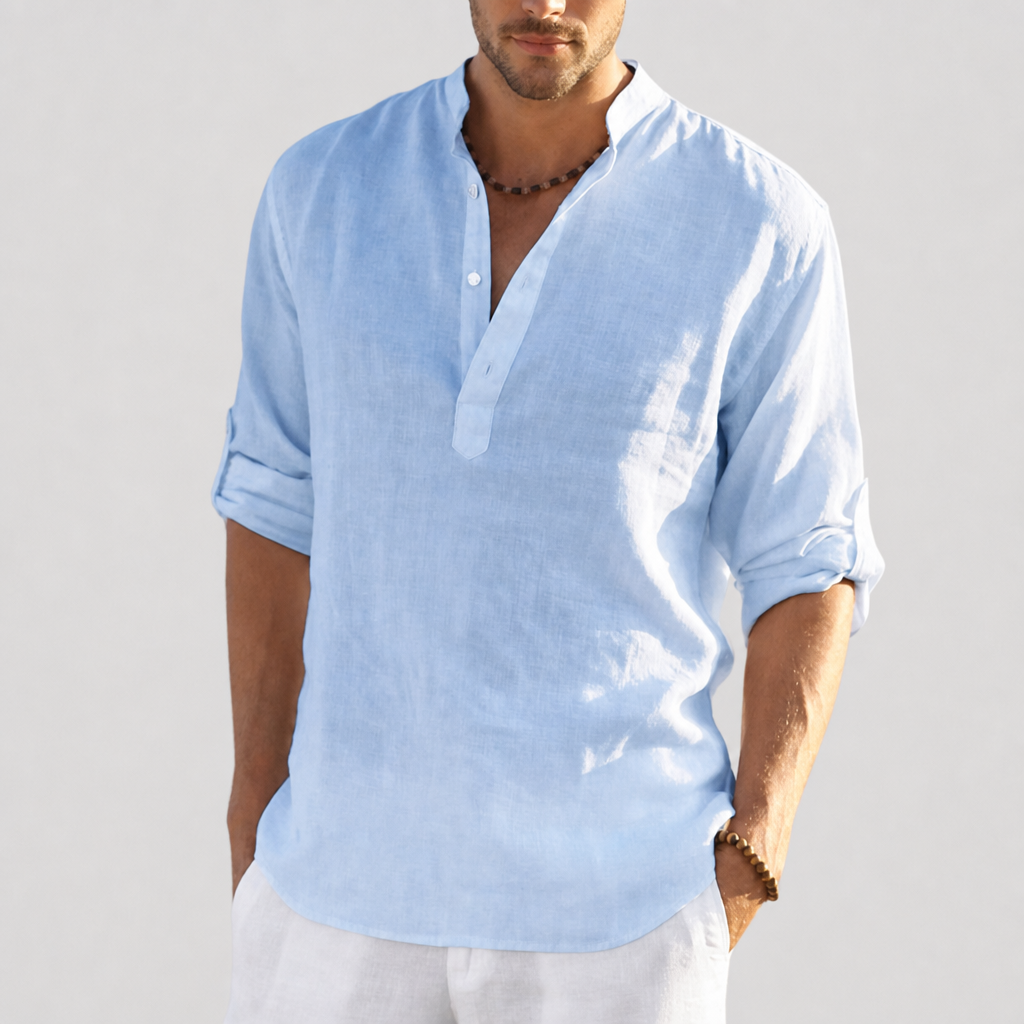 Monreale Linen Henley Shirt in Light Blue