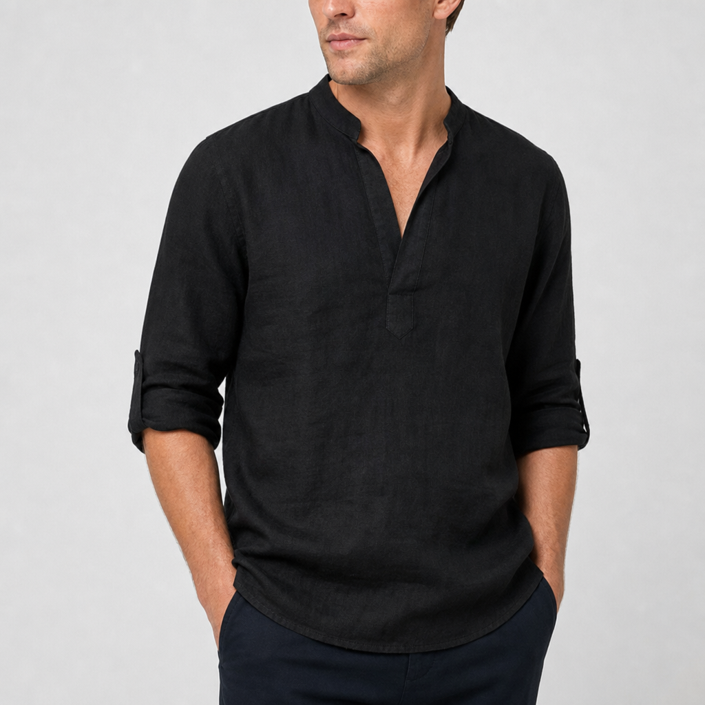 Monreale Linen Henley Shirt in Black