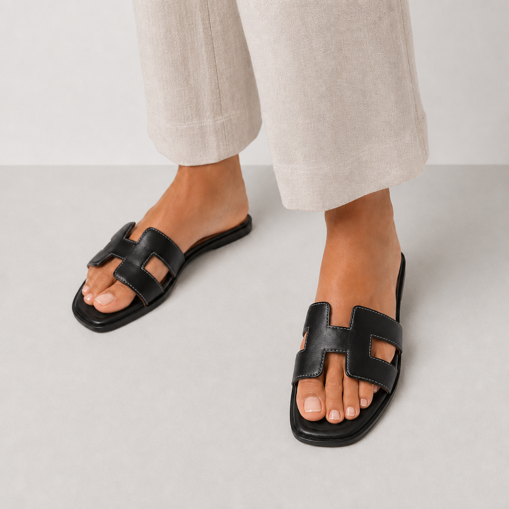 Monsanto Orthopedic H-Strap Leather Slides in Black