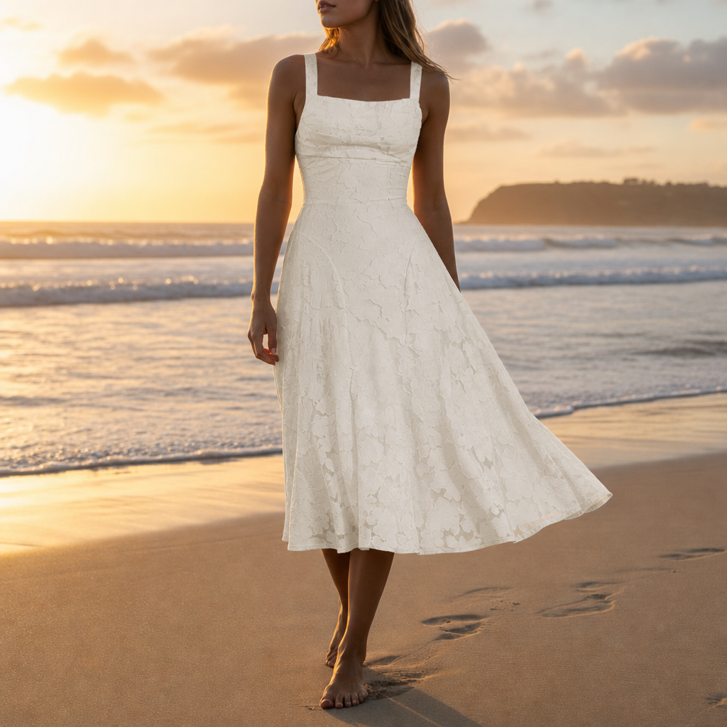 Mougins Floral Lace Midi Dress in White
