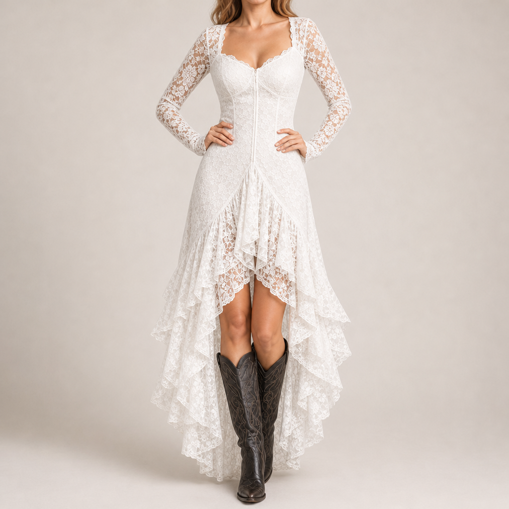 Narbonne Lace High-Low Dress in White