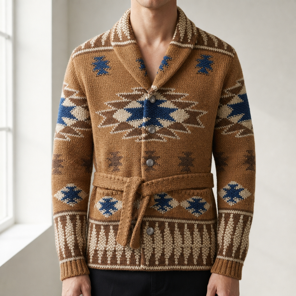 Nerja Jacquard Knit Cardigan in Brown