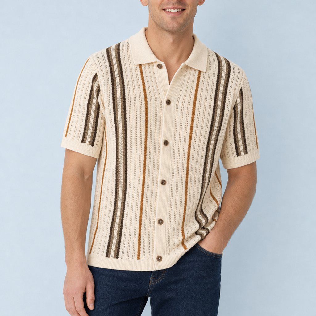 Nisyros Striped Knit Polo in Cream