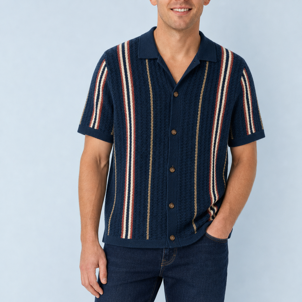 Nisyros Striped Knit Polo in Blue